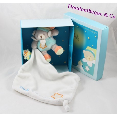 Doudou lapin marionnette plat bleu tatoo fleurs Doudou et Compagnie