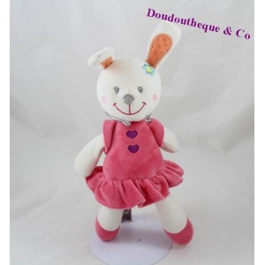 Doudou lapin NICOTOY robe rose fleur brodée 26 cm