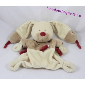 Doudou plat lapin NICOTOY Bastien beige marron noeud bordeaux 26 cm