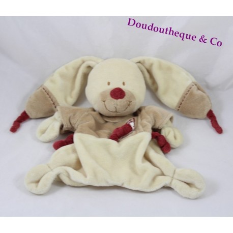 Flat rabbit cuddly toy NICOTOY Bastien beige brown burgundy bow 26 cm