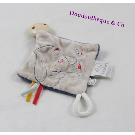 Doudou attache-sucette éléphant NOUKIE'S Bao & Wapi bleu beige