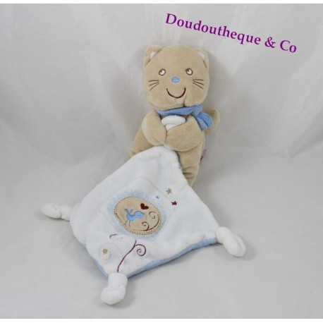 Doudou Taschentuch Katze WANGENKNOCHEN blau Beige bestickt Vogel-27 cm