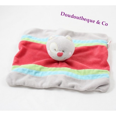 Doudou plat chat BENGY gris rouge bleu vert 25 cm