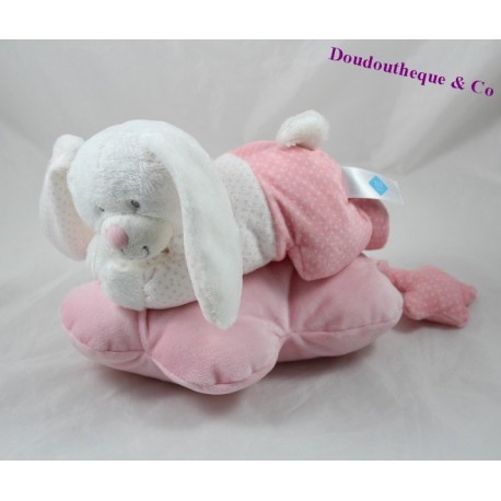 Conejo de peluche musical BABY TEX rosa mentira nube arvejas Carrefour 28 cm