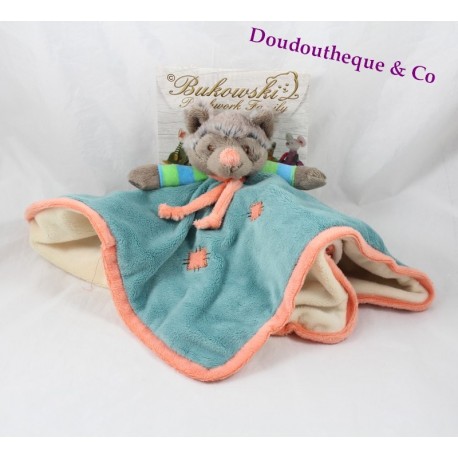 Doudou flachen Wolfy Wolf BUKOWSKI blau grün grau orange 30 cm Doudou flachen Wolfy Wolf BUKOWSKI blau grün grau orange 30 cm