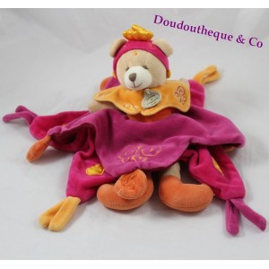 Doudou plat princesse ours DOUDOU ET COMPAGNIE Indidous rose orange  30 cm