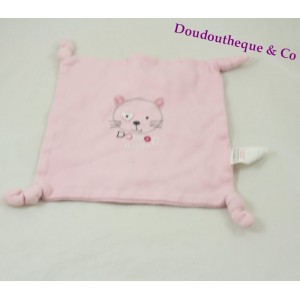 Doudou plat chat ABSORBA carré rose 4 noeuds tissus 20 cm