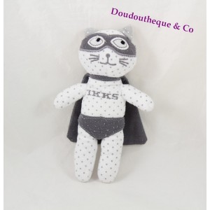 Doudou chat IKKS super héros cape et masque gris blanc pois gris 20 cm