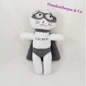 Doudou chat IKKS super héros cape et masque gris blanc pois gris 20 cm