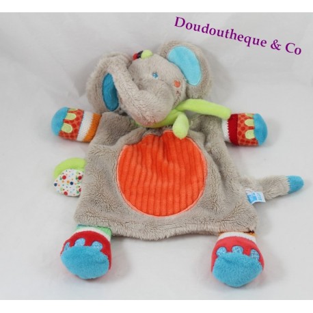 Doudou plat éléphant TEX BABY CARREFOUR gris écharpe verte 25 cm