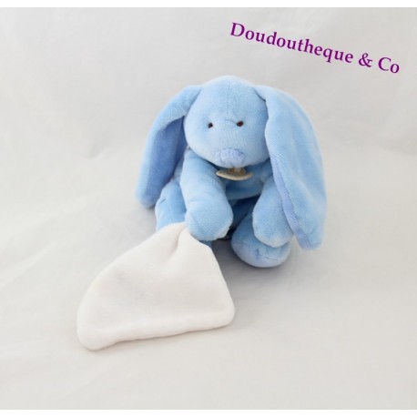 Doudou Hase DOUDOU und Firma blaues Taschentuch "meine Kuscheldecke" weiße Blume 14 cm sitzend