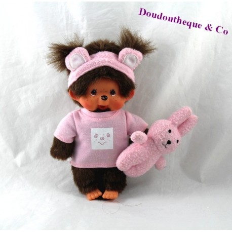 Peluche Monchhichi fille SEKIGUCHI Kiki doudou lapin rose 21 cm