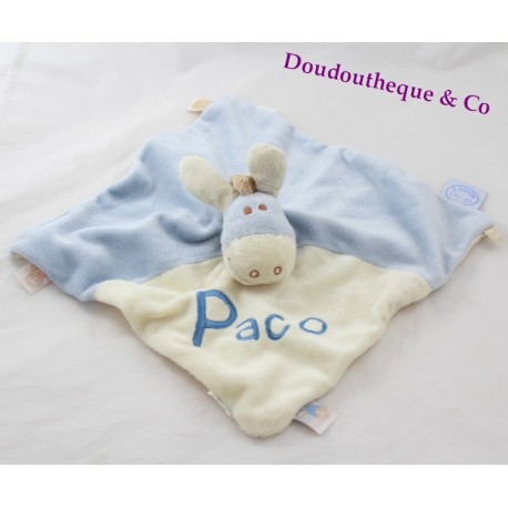 Doudou flat donkey Paco NOUKIE's puppet blue and beige embroidered