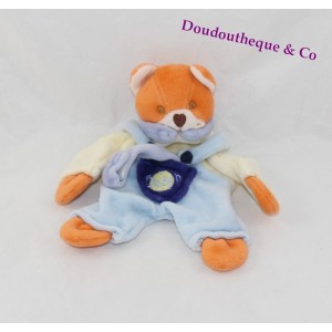 Doudou Renard BABY NAT' salopette bleu attache tétine 16 cm