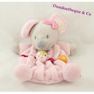 Doudou Maus NICOTOY rosa Vogelküken runde Blumen bedruckt 25 cm