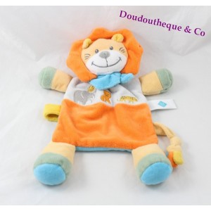 Doudou flat lion TEX BABY orange blue scarf Carrefour 28 cm