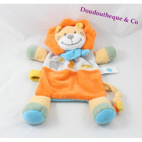 Doudou flat lion TEX BABY orange blue scarf Carrefour 28 cm