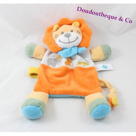 Doudou León plano TEX bebé bufanda azul naranja Carrefour 28 cm