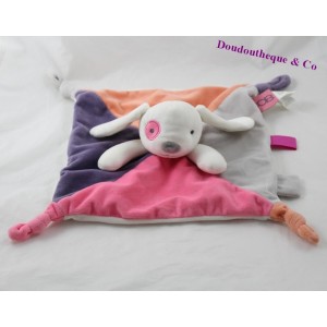 Doudou Kaninchen Gericht OBAÏBI pink lila orange grau blaues Auge 4 Knoten 27 cm