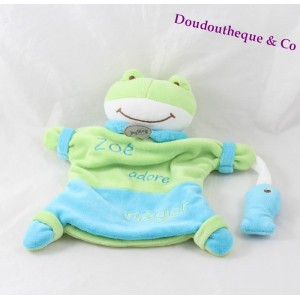 Doudou marionnette BABY NAT' Grenouille Zoé adore nager bleu vert 23 cm