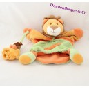 Doudou marionnette lion DOUDOU ET COMPAGNIE avec son bébé orange vert