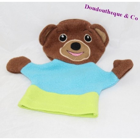 Doudou marionnette Petit ours brun BAYARD bleu vert 22 cm