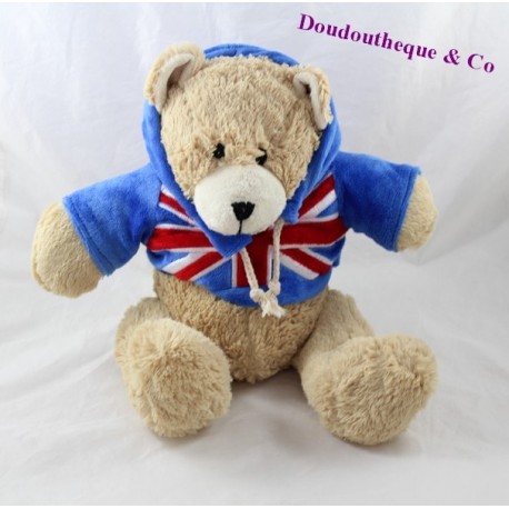 Peluche ours sweat bleu drapeau Royaume Uni 25 cm