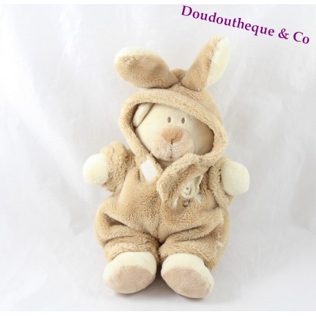 Doudou ours NICOTOY déguisé en lapin beige marron clair 20 cm