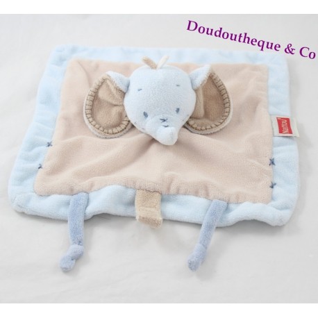 Doudou plat éléphant NATTOU Rigolos bleu beige attache tétine marionnette