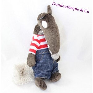 Peluche Loup AUZOU loup habillé t-shirt rayé pantalon 27 cm