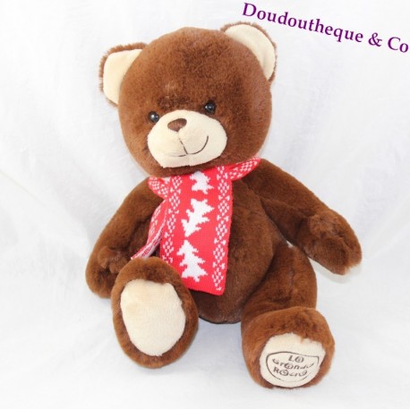 Peluche ours LA GRANDE RECRE chocolat écharpe rouge 27 cm