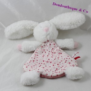 Doudou flat rabbit SUCRE D'ORGE white body fabric flowers 25 cm