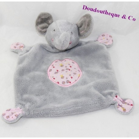 Flache doudou Elefant Gémo grau rosa runde Blumen 26 cm