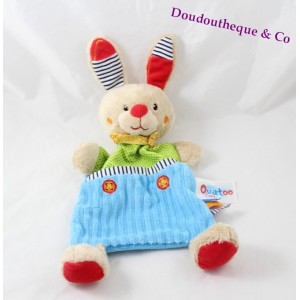 Doudou plat lapin OUATOO LOGITOYS bleu vert rectangle 30 cm