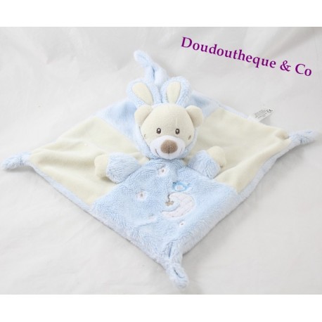 Doudou plat ours AUCHAN déguisé en lapin beige bleu lune oiseau 24 cm