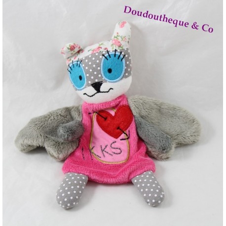 Doudou plat lapin monstre IKKS addict rose gris ailes coeur rouge