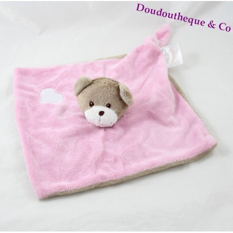 Doudou flach Bär KING BEAR rosa Taupe Herz weißen Knoten Doudou flach Bär KING BEAR rosa Taupe Herz weißen Knoten
