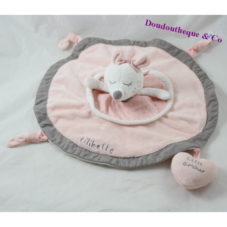 Doudou plat souris SAUTHON Lilibelle rose gris rond 30 cm