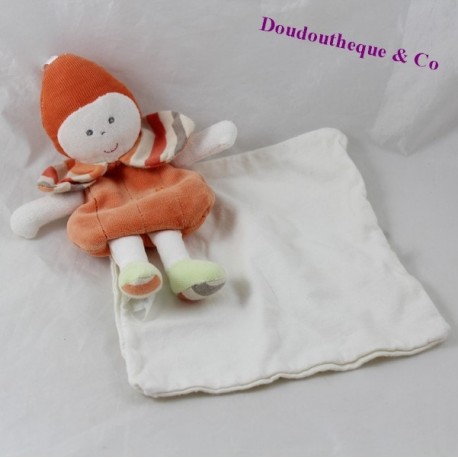 Doudou mouchoir poupée BERLINGOT orange blanc rayures 20 cm