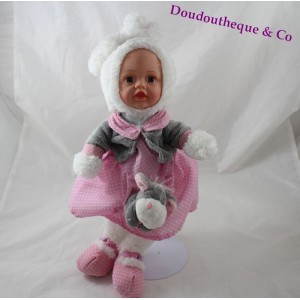 Corsica rabbit doll pink polka dots dress white grey 40 cm