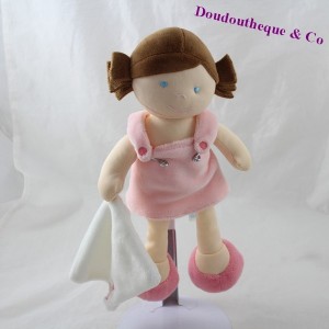 Doudou handkerchief girl BABY NAT' The little chipie doll brown dress pink 26 cm