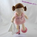 Doudou mouchoir fille BABY NAT' Les p'tites chipie poupée brune robe rose 26 cm