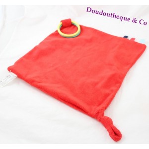 Doudou flat square red OXYBUL rings dentitions labels knot 30 cm
