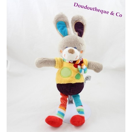 Doudou lapin MOTS D'ENFANTS pois écharpe multicolore gris jaune bleu 35 cm