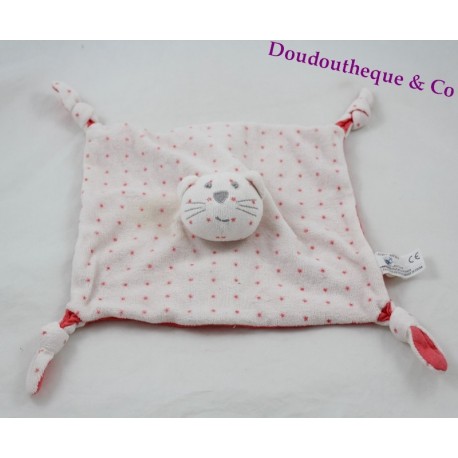 Doudou gato plano BOUT'CHOU Monoprix estrellas blancas cuadrado rosa 23 cm