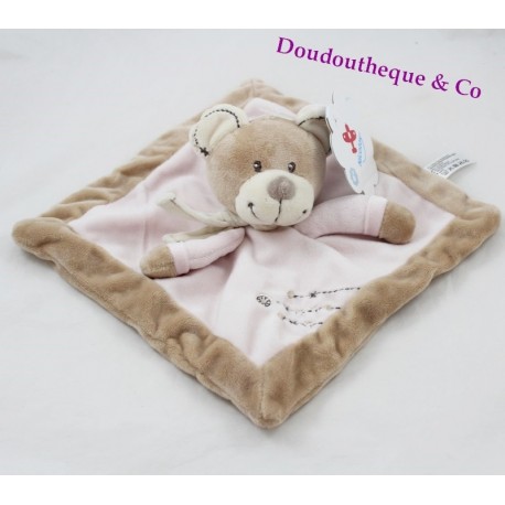 Doudou plat ours NICOTOY rose et beige avec écharpe coutures croix 20 cm