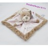 Doudou plat ours NICOTOY rose et beige avec écharpe coutures croix 20 cm