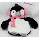 Peluche bouillotte pingouin PRIMARK blanc noir écharpe rose 35 cm