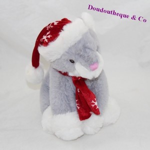 Plüschkatze FRANCOISE SAGET Weihnachtsmütze Schal rot grau 22 cm