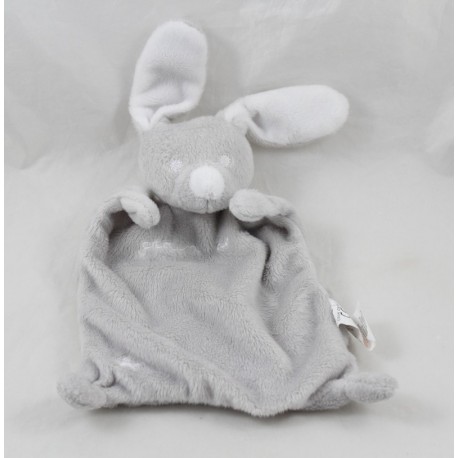 Rectángulo de estrellas y conejo blanco en grano Doudou plana gris bordado trigo 22 cm